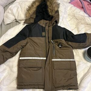 Kids Brown and Black Puffer Jacket with Fur Hood